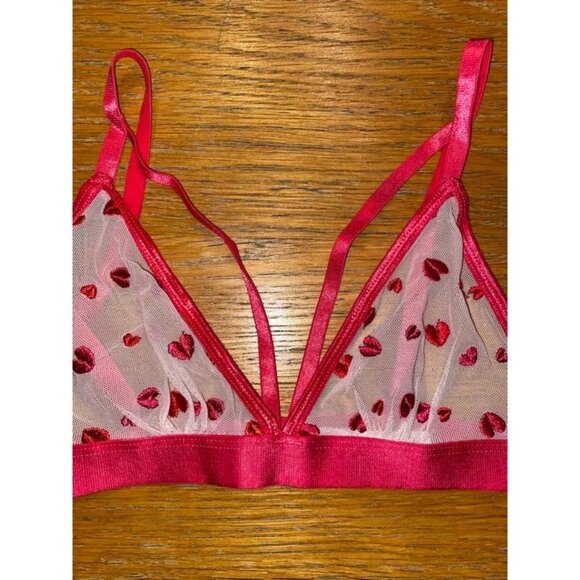 Sheer Mesh Triangle Bralette With Red Heart Embroidery & Adjustable Straps - Picture 2 of 4
